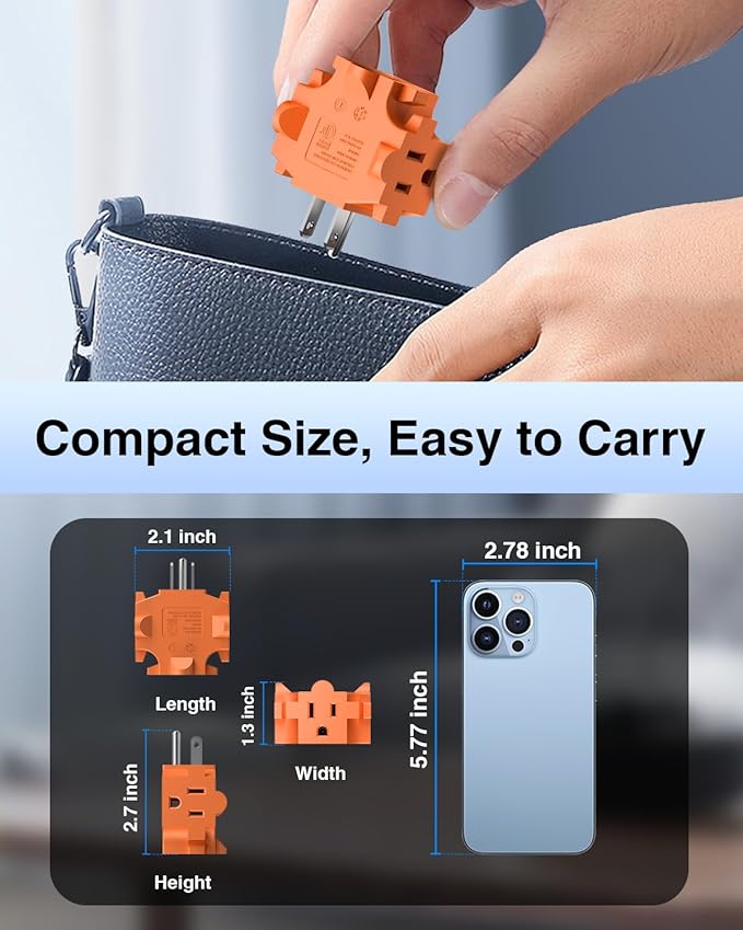K KASONIC - 3-Outlet Grounding Adapter, Multiple Plug Outlet Extender, Power Splitter, [ETL Listed] Heavy-Duty Grounded Power Tap - 4 Pack, Orange