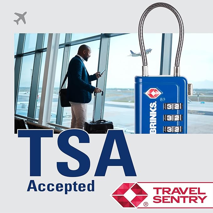 Brinks TSA Accepted Indicator Luggage Lock, Blue - Resettable 3-Dial Combination, 1.5 inch Long Cable Shackle, New More Secure TSA008 Key, 4 Pack
