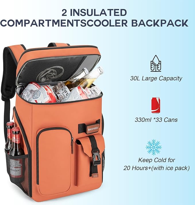 BAGPARKK Insulated Cooler Backpack,33/45 Cans Multifunctional Double Deck Leakproof Cooler Bag with Sternum Strap,Large Capacity Lightweight Travel Camping Beach Backpack