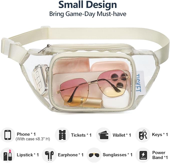 Veckle Clear Fanny Pack Stadium Approved - Adjustable 33-47 Inch Strap, Transparent Belt Bag for Women Men Fits 7.5-inch Smartphone, Waist Bag Clear Bag for Sport Events, Concerts, Cream White