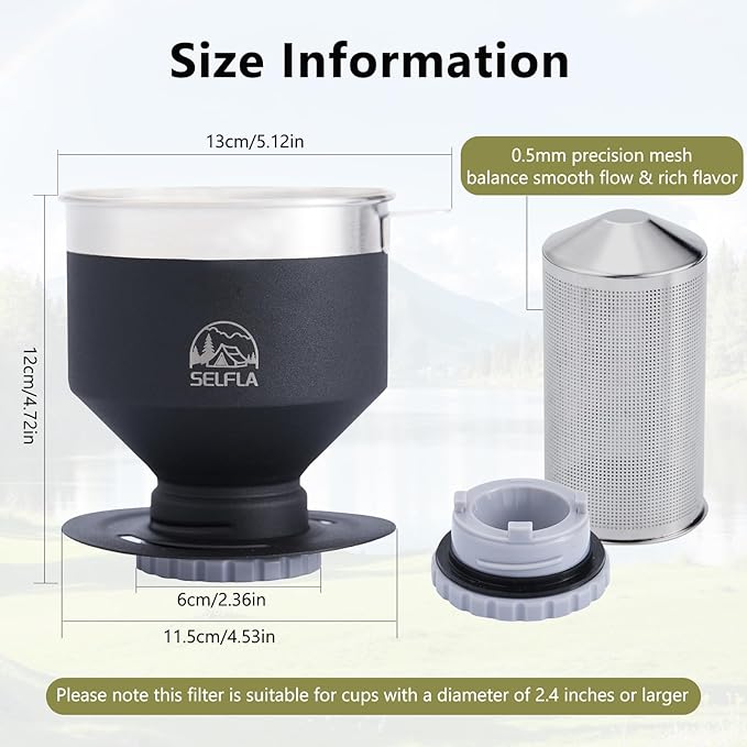 Stainless Steel Pour Over Coffee Filter, Reusable Dripper for Insulated Mugs, Paperless Coffee Maker for Hiking, Camping & Outdoor Adventures, Rinse-clean & Portable - Black