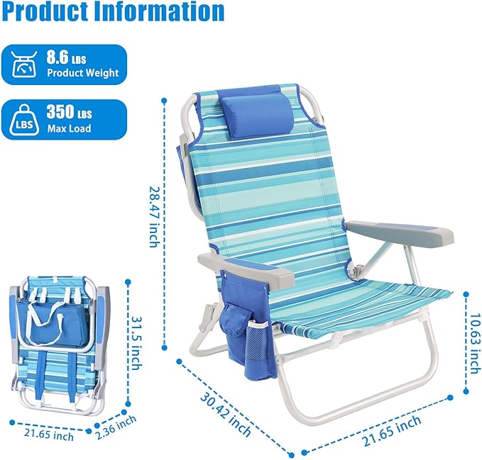 SUNNYFEEL Low Beach Chair, 5-Position Lay Flat Reclining, Backpack Portable Folding Chair with Cooler Bag & Cup Holder, Heavy Duty 350 LBS, Compact for Beach, Camping, Travel