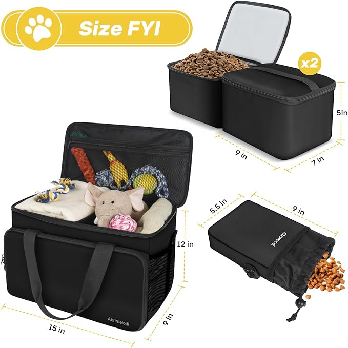 6 Set Dog Travel Bag, Large Pet Travel Kit for Supplies Includes 2 Food Containers, 1 Pet Organizer for Dogs, 2 Collapsible Bowls, 1 Treat Pouch, Dog Weekend Overnight Bag Luggage, Black