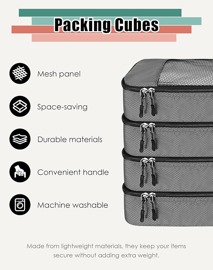 WTREE 4-Piece Packing Cubes Travel Accessories Set for Suitcases - Luggage Organizer Bags with Double Zipper - Mesh Top - Large - Dark Grey