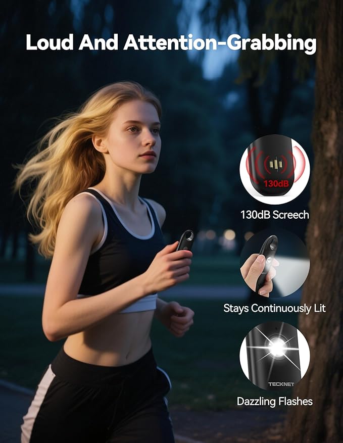 TECKNET Personal Safety Alarm,Portable Personal Alarm for Women with Flashing Strobe Light & Low Battery Alert,130dB Rechargeable Emergency Keychain Alarms for Women ,Men,Kids,Seniors(Black)