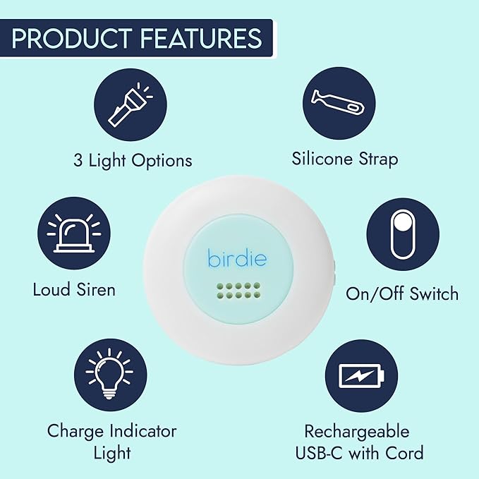 She's Birdie - The Original Personal Safety Alarm Disc for Bikes, Hikes, and Late Nights - Loud Siren, LED Light for Extra Visibility, Rechargeable, Handsfree, Lightweight, Water Resistant (Aqua)