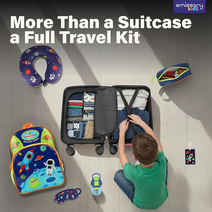 emissary 7pcs Space Boy’s Luggage Set with wheels – Rolling Luggage, Backpack, Eye Mask, Toiletry Bag, Suitcase Tag, Neck Pillow & Water Bottle – Carry Luggage for Kids & Boys with Wheels