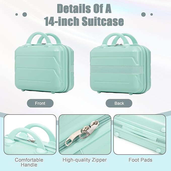 20 Inch Carry on Luggage with 14 Inch Cosmetic Case, 2 Pcs Hardshell Lightweight Durable Spinner Suitcase Set for Travel, Women, Men, TSA Lock, ABS, 20+14 Inch (Mint Green)
