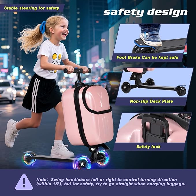 smilesun Foldable Ride On Scooter Suitcase with Front Opening, Lightweight Carry On Scooter Luggage for Adults, Teens & Kids（Pink 20-inch）