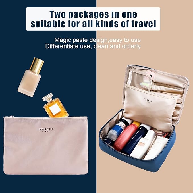 Queboom Travel Makeup Bag Cosmetic Bag Makeup Bag Toiletry bag for women and men (Navy blue)