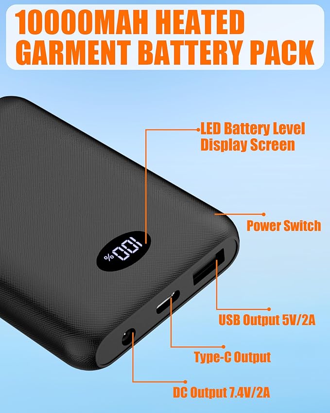 7.4V2A 10000mAh Battery Pack for Heated Vest Jacket Coat Pants and Heating Underwear, Heated Clothing Replacement Battery Pack