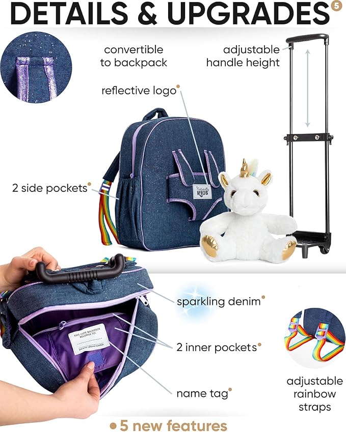 【Upgraded】Toddler Luggage for Girls w Removable Unicorn Toy | Side & Inner Pockets, Reflective Logo, Name Tag, Sparkly Denim | Kids Rolling Backpack | Travel & Birthday Gifts for 3 4 5 6 Year Old