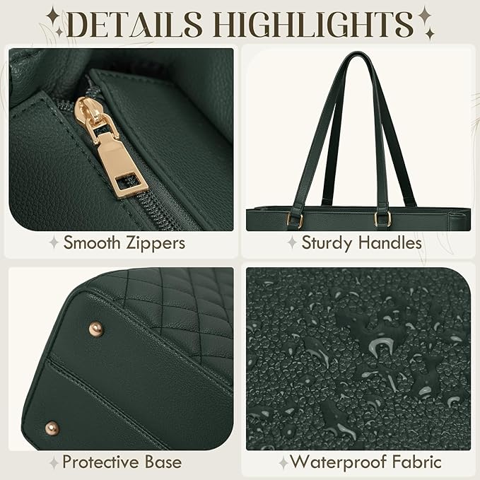 RAINSMORE Laptop Bag for Women 15.6 Inch Work Tote Bags Leather Laptop Tote Professional Laptop Purse Computer Handbag Womens Briefcase Tote with Clutch for Teacher Office Travel, Dark Green