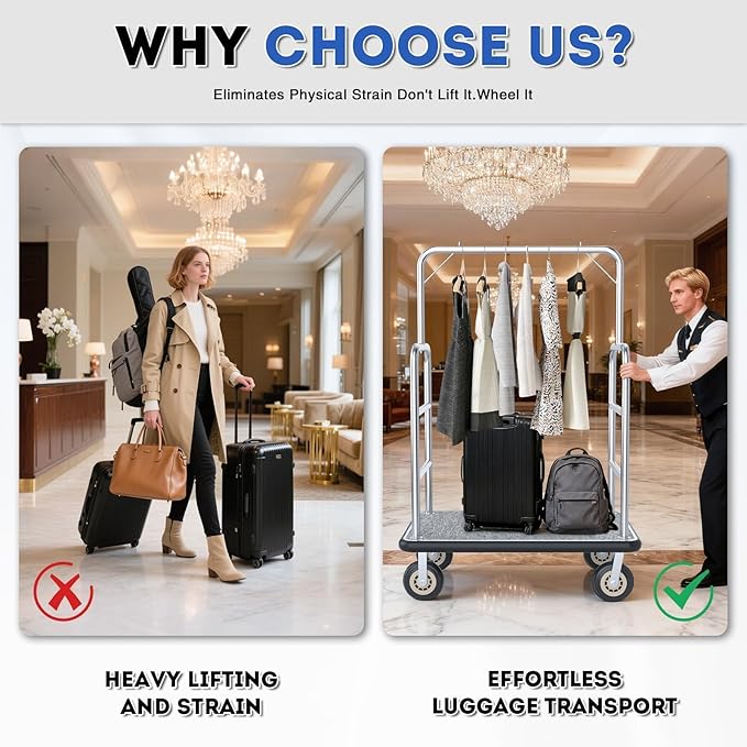 Heavy Duty Luggage Cart - 8" Wheels with Brackets, Commercial Grade Hotel Luggage Trolley, Deluxe Rectangular Steel Bellman Cart with Platform for Hotels Us