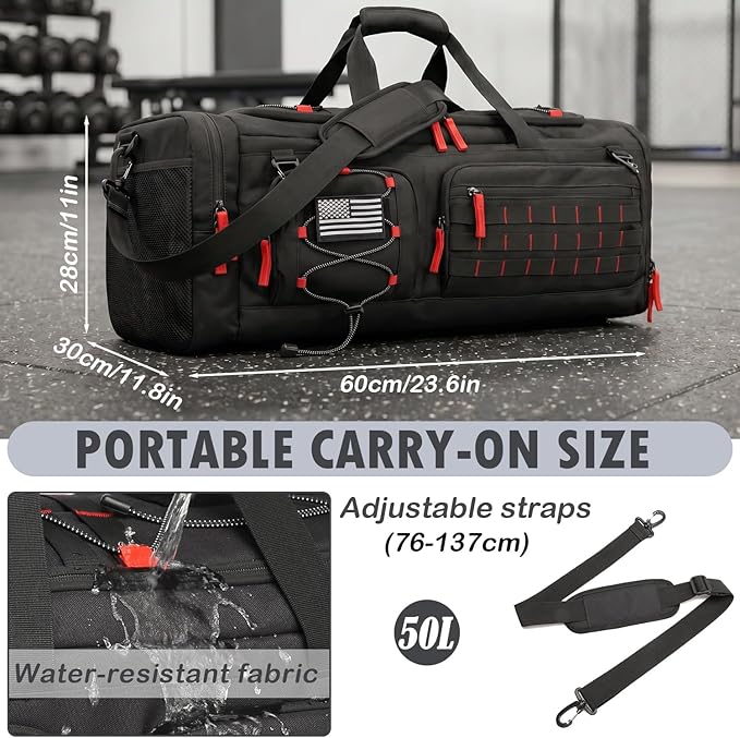 Gym Bag for Men and Women, 50L Extra Large Duffle Bag, 3-in-1 Travel Sports Duffel Bags with Shoe & Laptop Compartment for Overnight Weekender Gym Traveling Workout Deployment, Black+Red