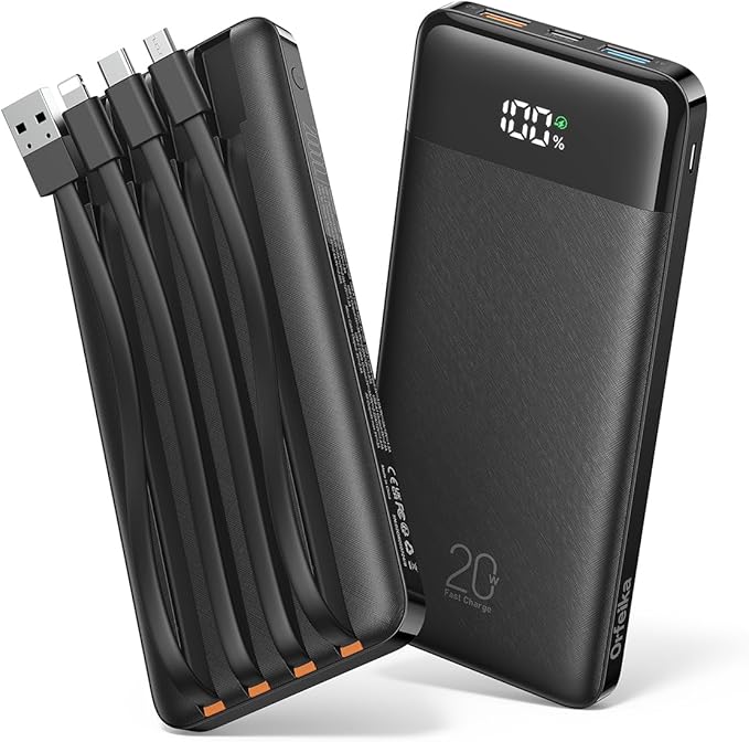 Orfeika 20000mAh Power Bank Fast Charging, Portable Charger with 4 Built-in Cables & 6 Outputs, 20W PD USB C Battery Pack Compatible with iPhone 16/15, Galaxy, Android, iPad & More (Travel Essential)