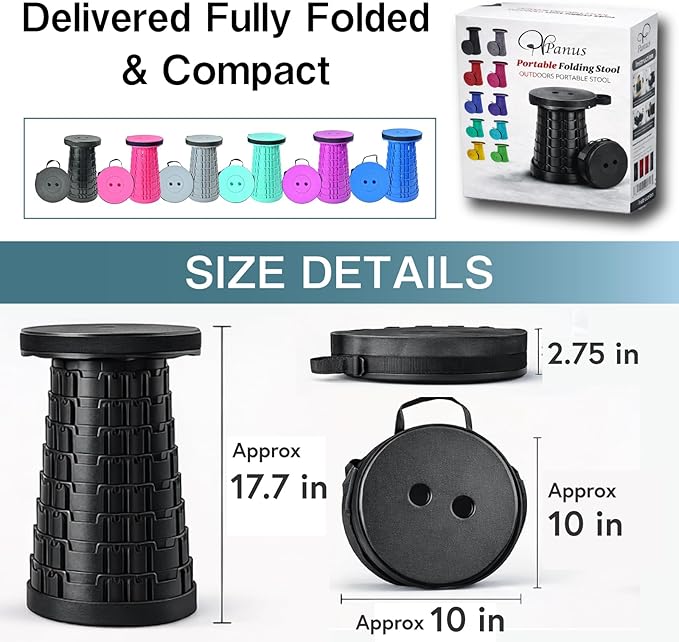 Telescoping Folding Camping Stool, Portable Adjustable Height Outdoor Chair, 1-Second Setup, Compact Lightweight for Camping, Fishing, Hiking(Deep Black)