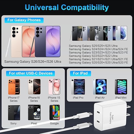 iPhone 17 16 15 Charger Fast Charging, 45W Dual USB C Android Phone Charger Block with 6FT Long Type C Cable Cord for Apple iPhone 17/Pro/Pro Max/Air/16/15 Plus/iPad/S26 Ultra/S25/S24/S23/S22(White)