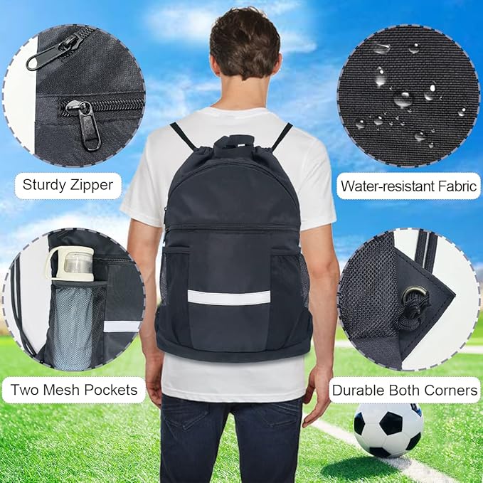 Drawstring Backpack Sports Gym Bag with Shoe Compartment, X-Large String Bag for Women Men with Zipper Pockets and Mesh Pockets (Black)