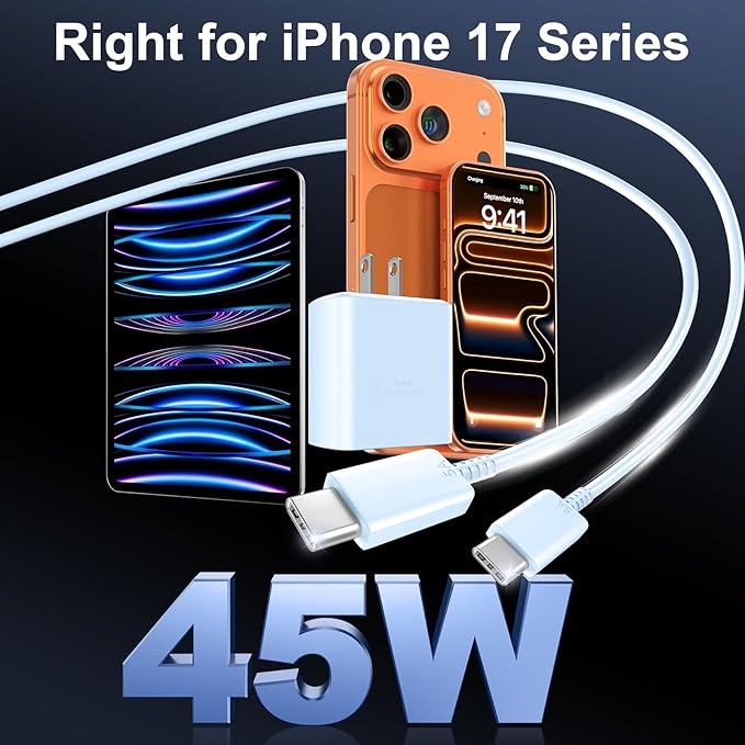 Phone 17 16 Pro Max Charger Fast Charging, 45W USB C Phone 17 16 Super Fast Charger Block with 6.6ft Long Type C Charging Cable Cord for i.Phone 17 Pro Max/17 Pro/17 Air/17/16/16Pro/16 ProMax-Blue