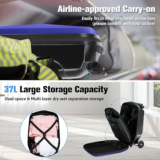 Scooter Luggage For Kids & Adults， Hardside Ride On Suitcase For Kids Ages 4-15 Multifunctional Lightweight Foldable Carry On Luggage With Wheels Ride On For Children Teenagers (Indigo Blue, 20")