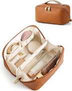 BAGSMART Makeup Bag Travel Cosmetic Bag, Large Make Up Bag Flat Open Toiletry Bag for Women, PU Leather Travel Essentials Organizer Case, Wide-open Pouch Purse for Skincare, Brushes, Vintage Brown