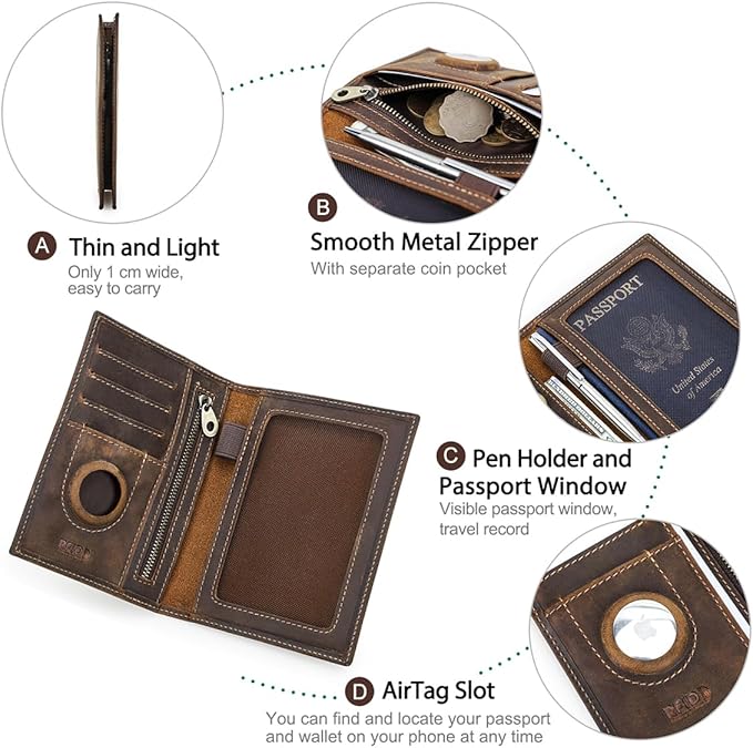 CONTACTS Full Grain Leather Passport Holder RFID Blocking Travel Passport Wallet Compatible with Airtag Passport Cover Case with 4 Card Slots, Coin Pocket with Badge