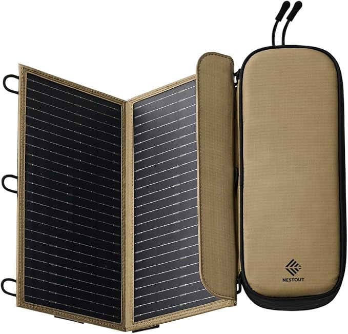 NESTOUT Portable Solar Panel, USB-C and USB-A Ports, 14W Solar Charger for Camping, Water Repellent Ripstop Nylon, Foldable Compact Design, Digital Ammeter, Adjustable Stand, Beige (2 Panel)