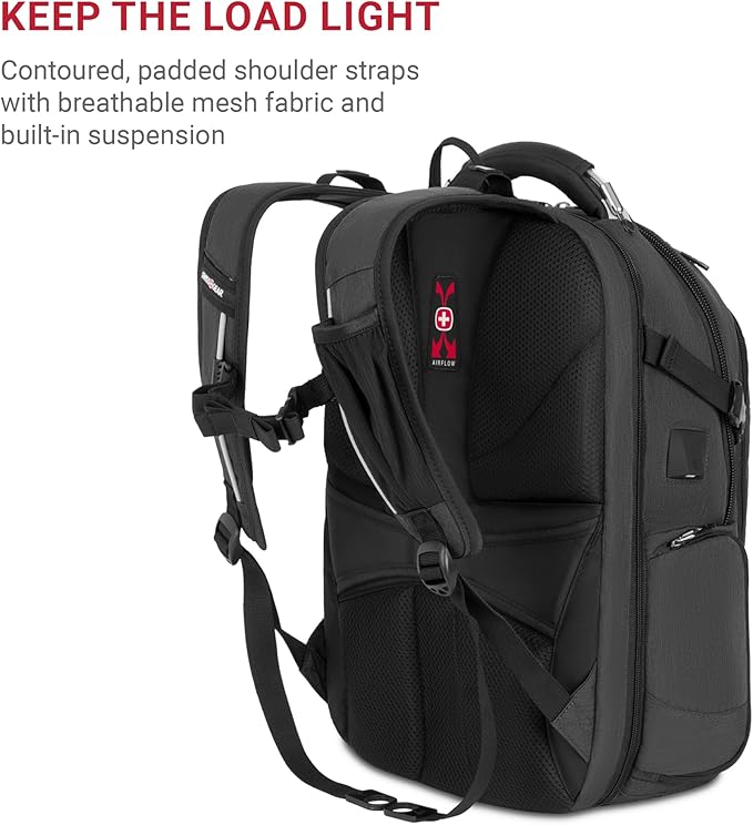 SwissGear Travel Tech Elite Laptop Backpack – Fits Laptops up to 16” – ScanSmart TSA-Friendly Backpack with USB Port, Shoe Compartment & Organizer Pockets – Heather Grey