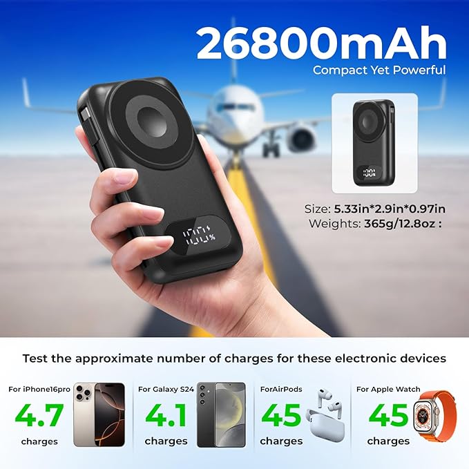 SHENMZ Magnetic Portable Charger 26800mAh for iPhone 17/16/15/14/13/12 with Built-in Cables， iWatch Charger，Wireless Power Bank for Apple Watch and for airpods,Galaxy, Android Phones(Black)