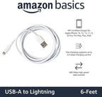 Amazon Basics 2-Pack Apple MFi Certified USB-A to Lightning Cable, Fast Charging, Data Sync, High Speed Transfer, Sturdy Design for iPhone 14 13 12 11 X Xs Pro, Pro Max, Plus, iPad, 6 Foot, White
