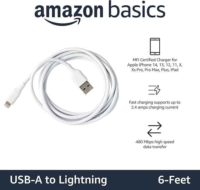 Amazon Basics 2-Pack Apple MFi Certified USB-A to Lightning Cable, Fast Charging, Data Sync, High Speed Transfer, Sturdy Design for iPhone 14 13 12 11 X Xs Pro, Pro Max, Plus, iPad, 6 Foot, White