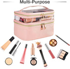 Pink Makeup Bag, Leather Double Layer Makeup Bag,Travel Accessories Toiletry Bag for Women,Travel Essentials Cosmetic Bag