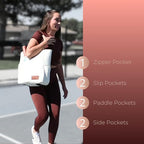 Designer Pickleball Bags for Women | Canvas & Vegan Leather Pickle Ball Tote Bag with Cover Pockets for 4 Paddles | 14"x12"x5.5" Small/Medium Tote Bag with Paddle Pocket & Fence Hook