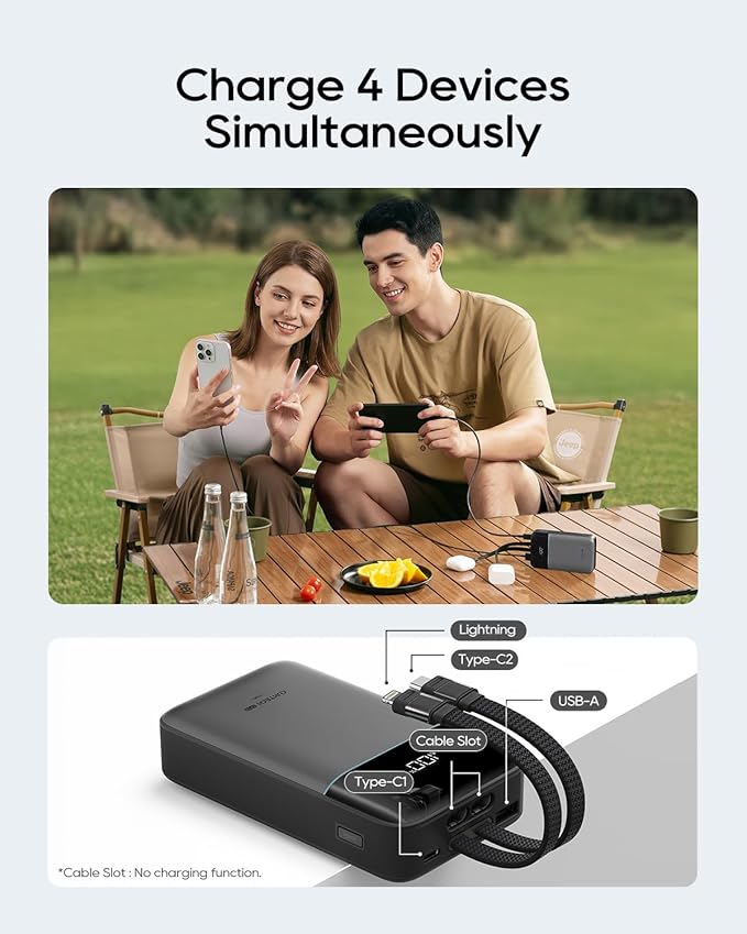 CUKTECH 20,000mAh Power Bank, Built-in USB-C & MFi Lightning Cables, 40W Fast Charging Portable Charger, 4-Port Output External Battery Pack for iPhone 17/16/15/14/13/12 Pro Max, iPad, Samsung S26