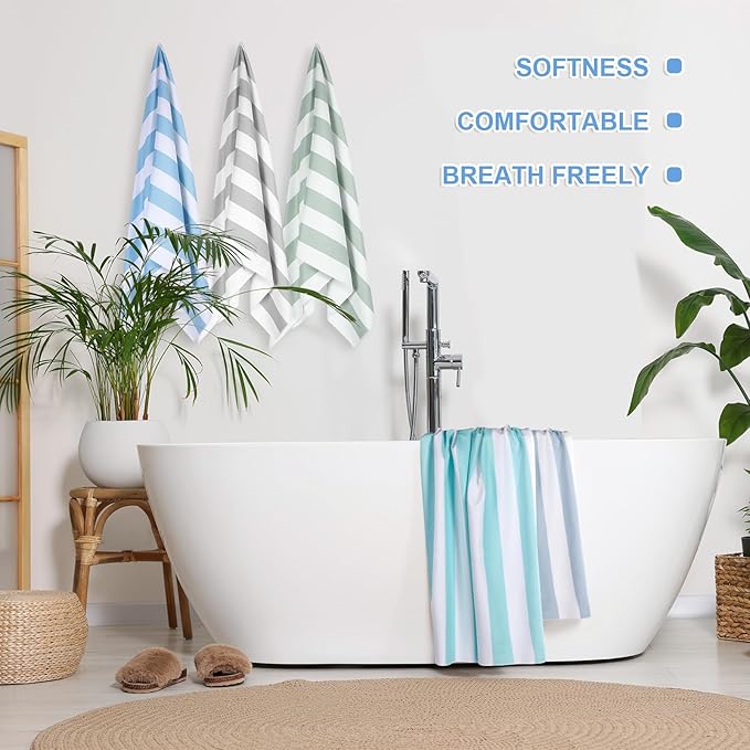 EBOOT 10 Pack Oversized Beach Towel Set Extra Large Pool Towels Microfiber Quick Dry Swim Blanket for Adult Women Men Face Hand Body Bath Travel Pool(Plain Color,28 x 59 Inch,Cabana Stripe)