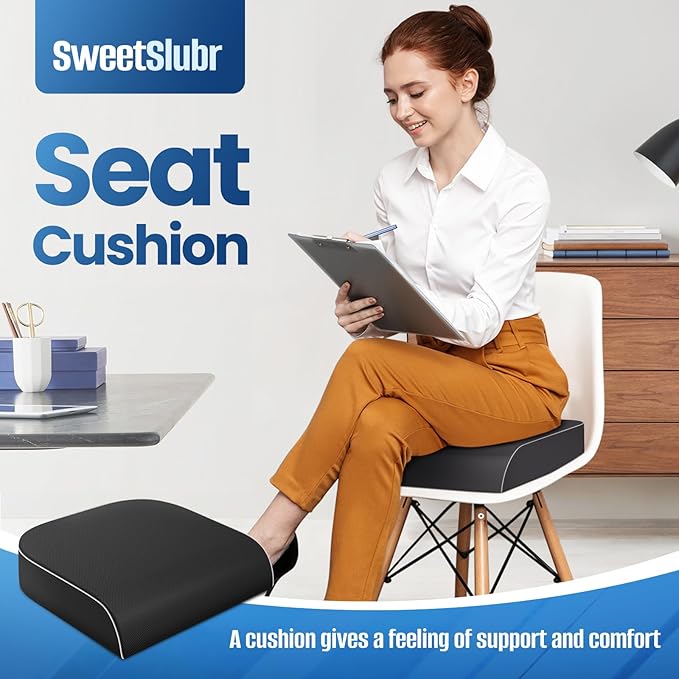 SweetSlubr Seat Cushion for Tailbone Pain Relief, Office Chair Cushion, Memory Foam Large Chair Cushion with Non-Slip Cover for Soft Support at Office Chair, Car Seat, Airplane Black/2X-Large