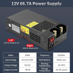 AC to DC Converter 800W 66.7A, 12V Power Supply 110V AC to 12V DC Converter Adapter Switch Transformer for RV, Radio/Car Stereos, LED Strip, Travel, Computer Project, 3D Printer