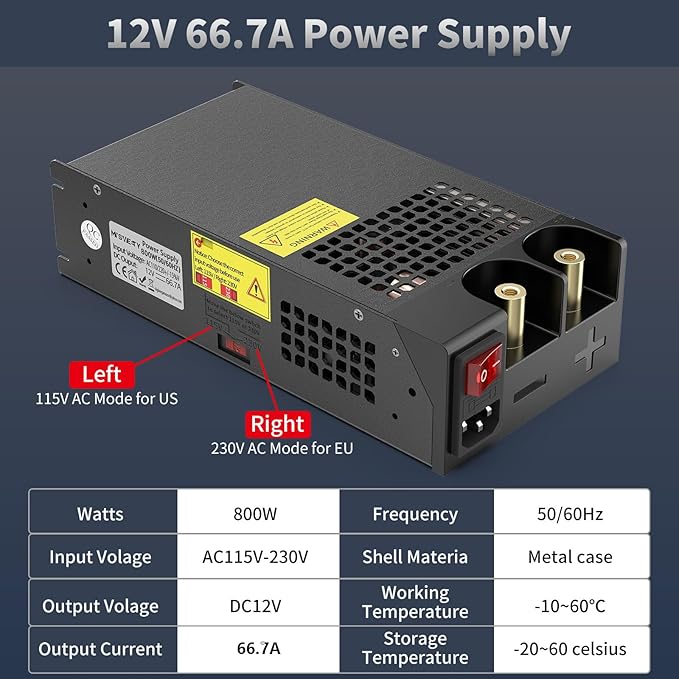 AC to DC Converter 800W 66.7A, 12V Power Supply 110V AC to 12V DC Converter Adapter Switch Transformer for RV, Radio/Car Stereos, LED Strip, Travel, Computer Project, 3D Printer