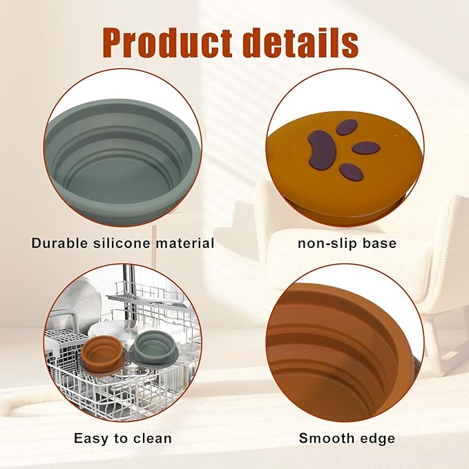Collapsible Dog Bowls, 2-in-1 Silicone Pet Food and Water Bowl with Carabiner, Portable Double Compartment Dish for Travel, Camping, Hiking Puppy Essentials (Green Brown)