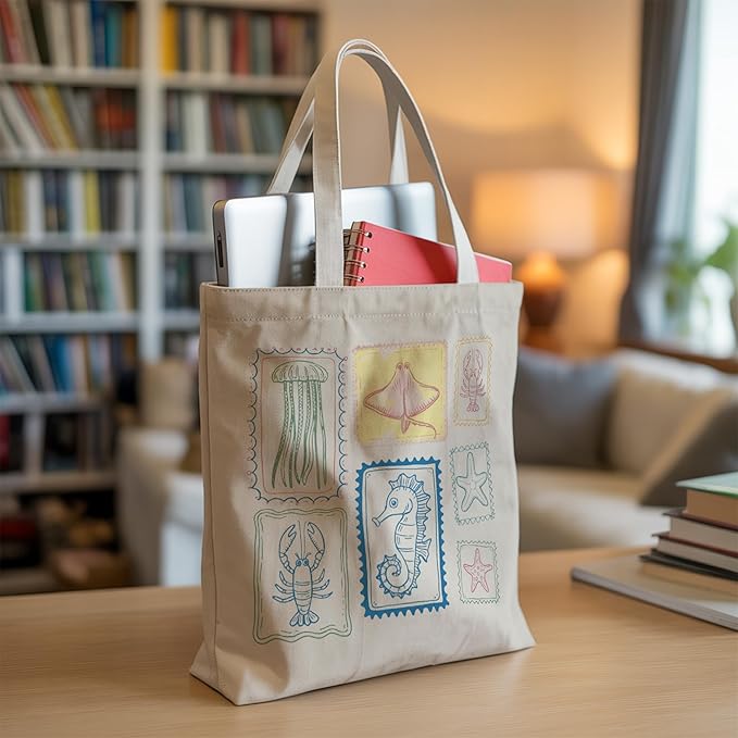 Aesthetic Canvas Tote Bag, Cute Reusable Bags for Women with Inner Pocket
