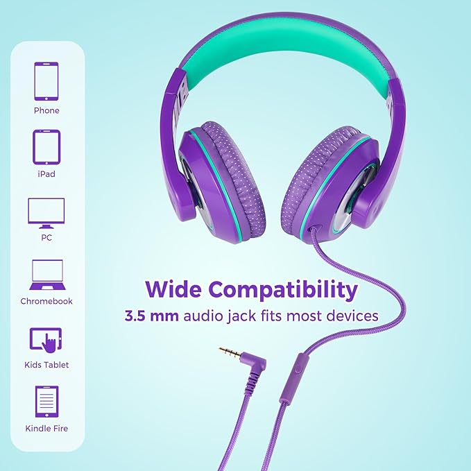 rockpapa Comfort+ Kids Headphones with Microphone, Boys Girls Student Over-Ear Headphones Wired Foldable for School Classroom Laptop PC Computer Tablet Purple Green