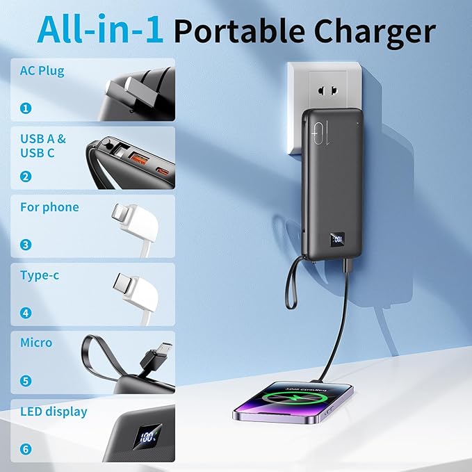 Portable Charger with Built-in Cables 10000mAh Power Bank with Cords, Slim Fast Charging Battery Pack, Portable Phone Charger for iPhone 16/15/14/13 Series, Samsung, Pixel, Travel Camping Essential