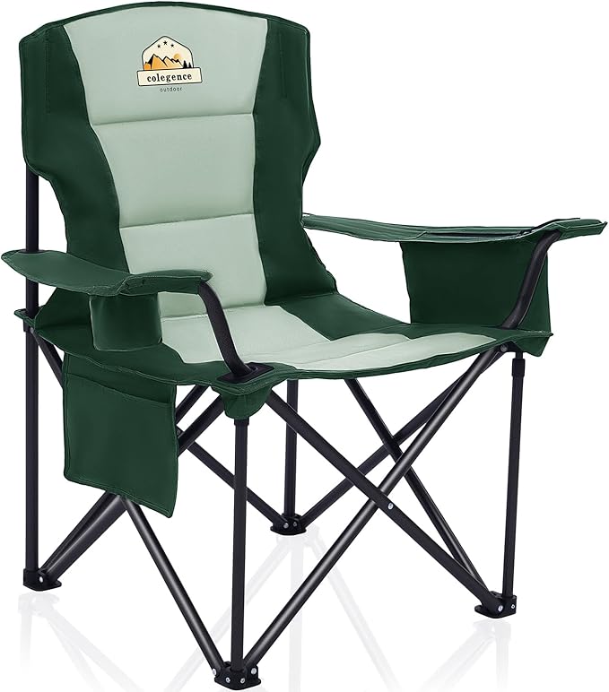 Colegence Heavy Duty Camping Chair for Adults, Oversized Heavy People Foldable Outside Camp Chairs Carry Bag Included, with Cooler Bag Cup Holder, Side Pocket for Lawn,Sport,Outdoor,Dark Green