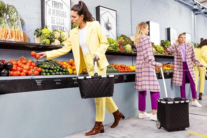 reisenthel carrycruiser Rhombus Black – Portable Shopping Trolley with Sturdy Aluminum Frame, Shoulder Strap and Removable mesh Inner Bag - Made of Water-Repellent Material.