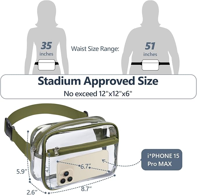 Packism Clear Fanny Pack Stadium Approved - Plus Size 35-51 inches Adjustable Strap Clear Belt Bag for Women Men Transparent Waist Bag for Concerts, Sporting Events, Green