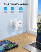 TROND 3 to 2 Prong Adapter, 2 Prong Outlet Adapter with 360° Rotating Plug, 6 AC Outlet Extender, Travel Power Splitter for US to Japan, Plug Extender for Old House Travel Essentials
