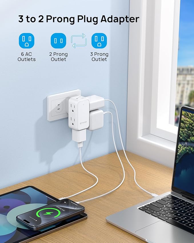 TROND 3 to 2 Prong Adapter, 2 Prong Outlet Adapter with 360° Rotating Plug, 6 AC Outlet Extender, Travel Power Splitter for US to Japan, Plug Extender for Old House Travel Essentials