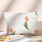 SOIDRAM 2 Pieces Flower Makeup Bag Large Floral Cosmetic Bag Capacity Canvas Travel Toiletry Bag Organizer Cute Makeup Brushes Aesthetic Accessories Storage Bag for Women, Embossed flower L White Pink