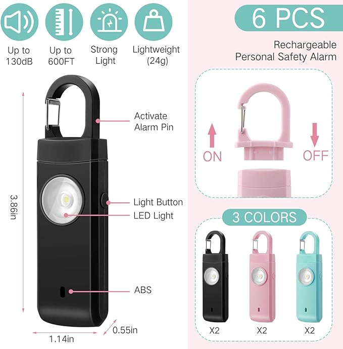 Tellegloww 6 Pcs Rechargeable Personal Safety Alarm for Women, 130db Personal Alarm Protection Keychains Loud Siren with LED Self Defense Keychain for Senior Mom Gift(Black,Pink,Blue,Snap)